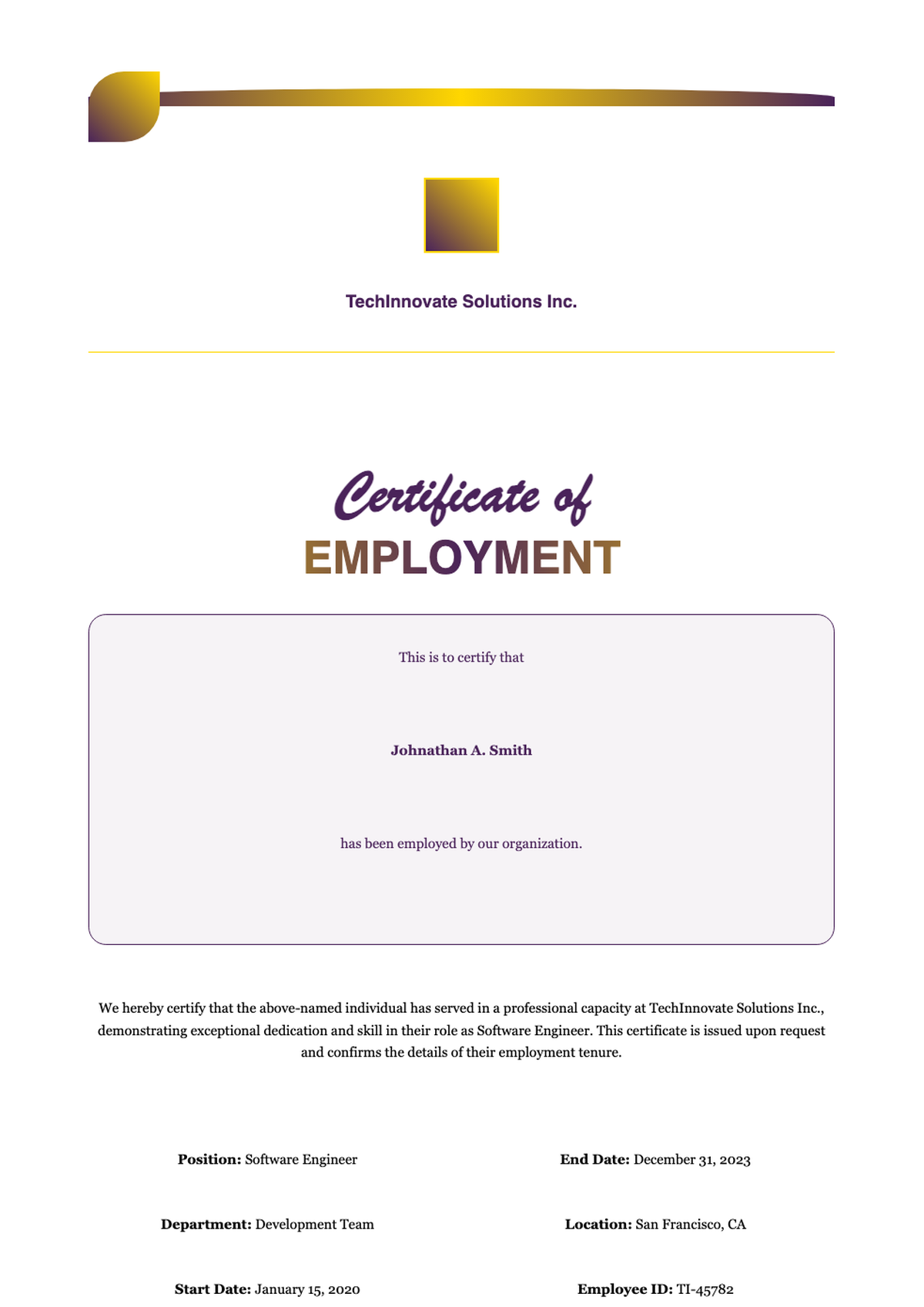 Basic employment certificate template with purple and gold design_variant_1